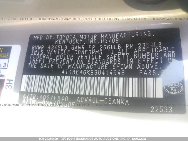 4T1BE46K89U414946 - 2009 TOYOTA CAMRY SE/LE/XLE GOLD photo 9