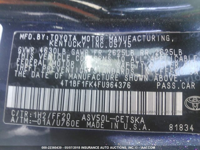 4T1BF1FK4FU964376 - 2015 TOYOTA CAMRY LE/XLE/SE/XSE Dark Blue photo 9