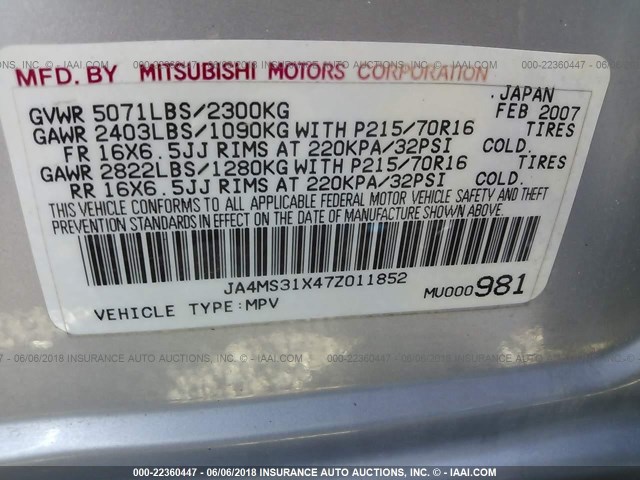 JA4MS31X47Z011852 - 2007 MITSUBISHI OUTLANDER ES/LS 银色 照片 9