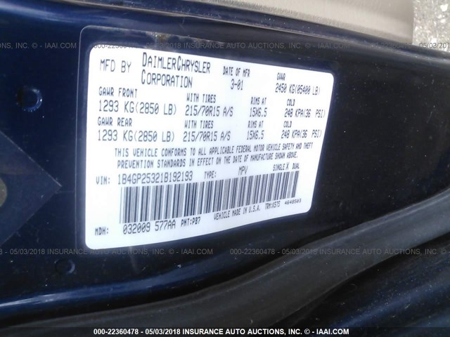 1B4GP25321B192193 - 2001 DODGE CARAVAN SE BLUE photo 9