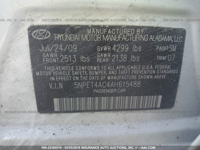 5NPET4AC4AH615488 - 2010 HYUNDAI SONATA GLS SILVER photo 9