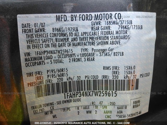 1FAHP34NX7W259615 - 2007 FORD FOCUS ZX4/S/SE/SES 灰色 照片 9