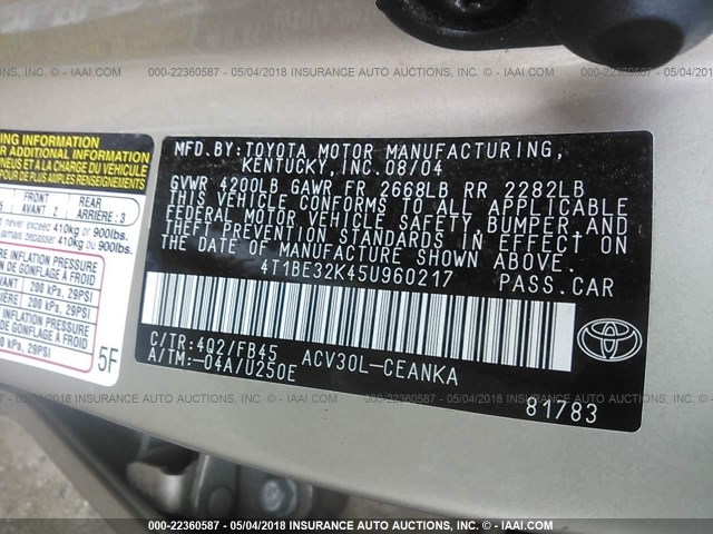 4T1BE32K45U960217 - 2005 TOYOTA CAMRY LE/XLE/SE ოქროსფერი ფოტო 9