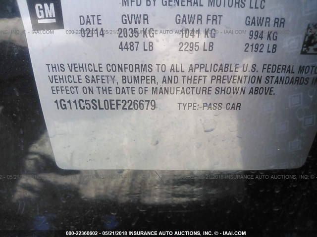 1G11C5SL0EF226679 - 2014 CHEVROLET MALIBU 1LT BLACK photo 9