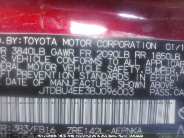 JTDBU4EE3BJ096003 - 2011 TOYOTA COROLLA S/LE RED photo 9