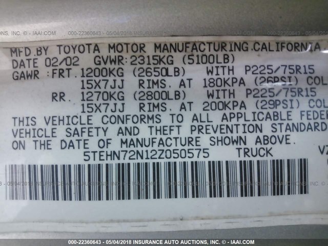 5TEHN72N12Z050575 - 2002 TOYOTA TACOMA DOUBLE CAB SILVER photo 9