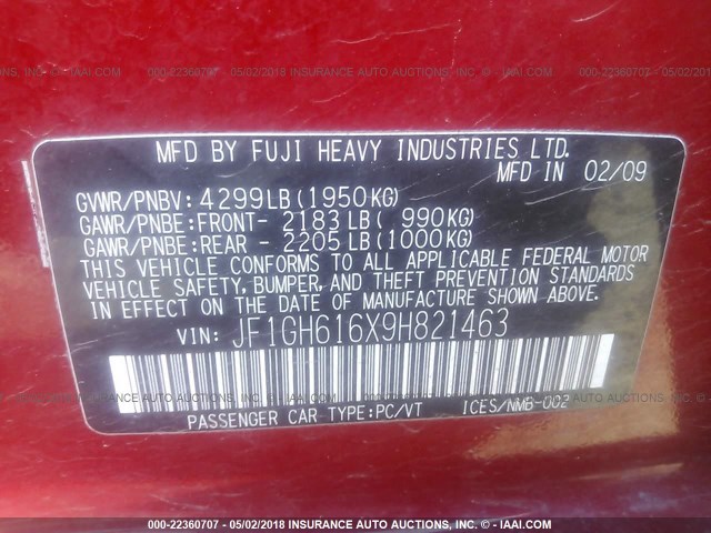 JF1GH616X9H821463 - 2009 SUBARU IMPREZA 2.5I RED photo 9