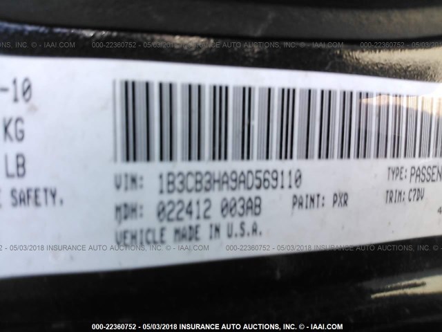 1B3CB3HA9AD569110 - 2010 DODGE CALIBER MAINSTREET BLACK photo 9