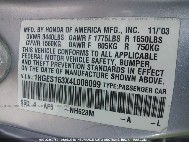 1HGES163X4L008099 - 2004 HONDA CIVIC DX VP SILVER photo 9