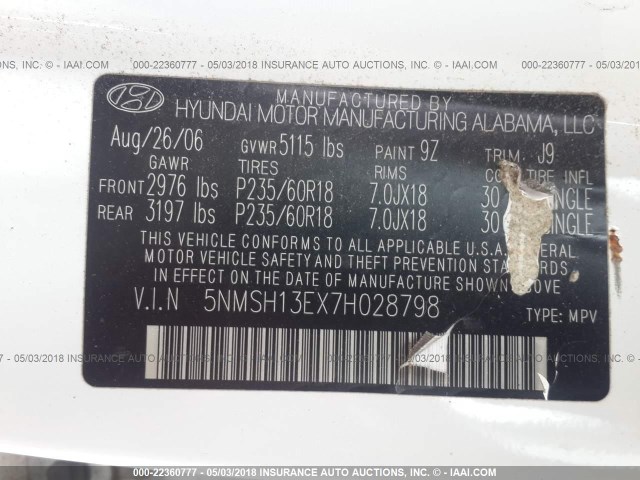 5NMSH13EX7H028798 - 2007 HYUNDAI SANTA FE SE/LIMITED WHITE photo 9