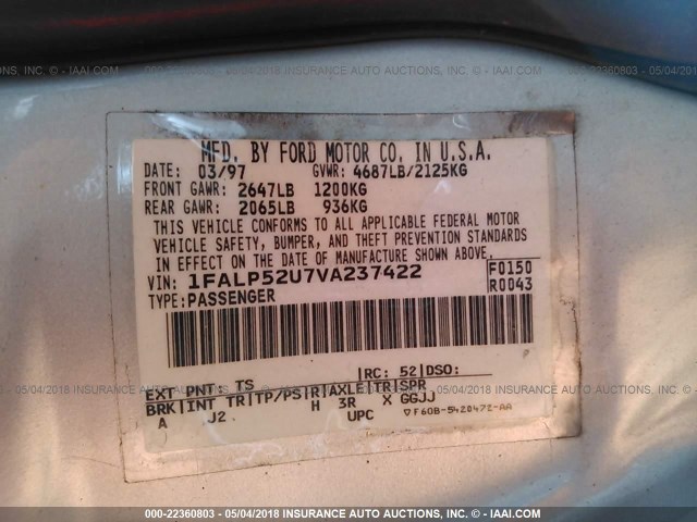 1FALP52U7VA237422 - 1997 FORD TAURUS GL SILVER photo 9