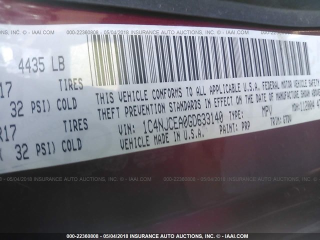 1C4NJCEA0GD633140 - 2016 JEEP COMPASS LATITUDE 红色 照片 9