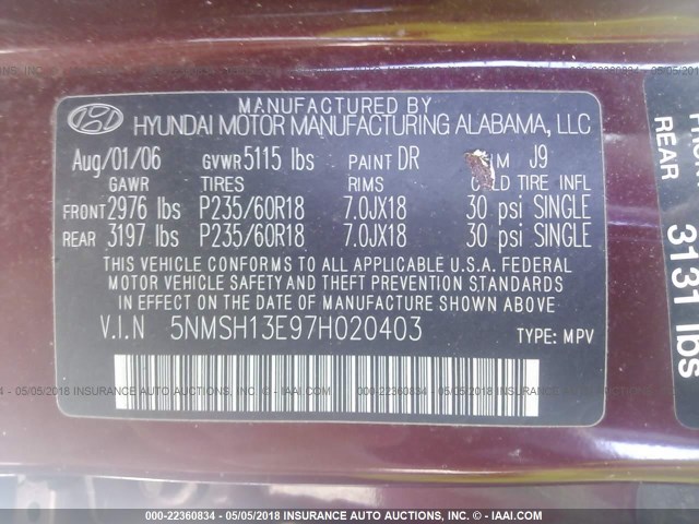 5NMSH13E97H020403 - 2007 HYUNDAI SANTA FE SE/LIMITED MAROON photo 9