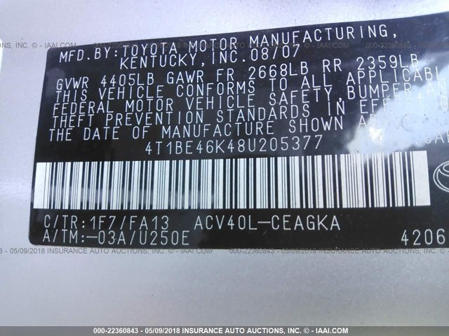 4T1BE46K48U205377 - 2008 TOYOTA CAMRY CE/LE/XLE/SE SILVER photo 9