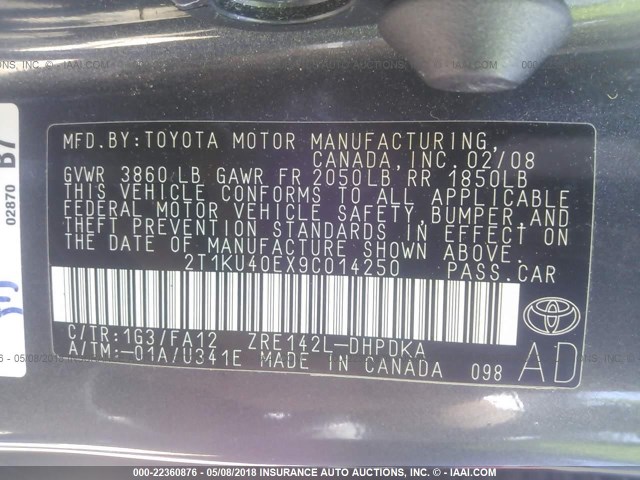 2T1KU40EX9C014250 - 2009 TOYOTA COROLLA MATRIX  GRAY photo 9