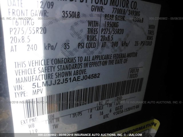 5LMJJ2J51AEJ04582 - 2010 LINCOLN NAVIGATOR 黑色 照片 9