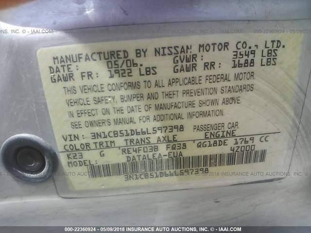 3N1CB51D66L597398 - 2006 NISSAN SENTRA 1.8/1.8S GRAY photo 9