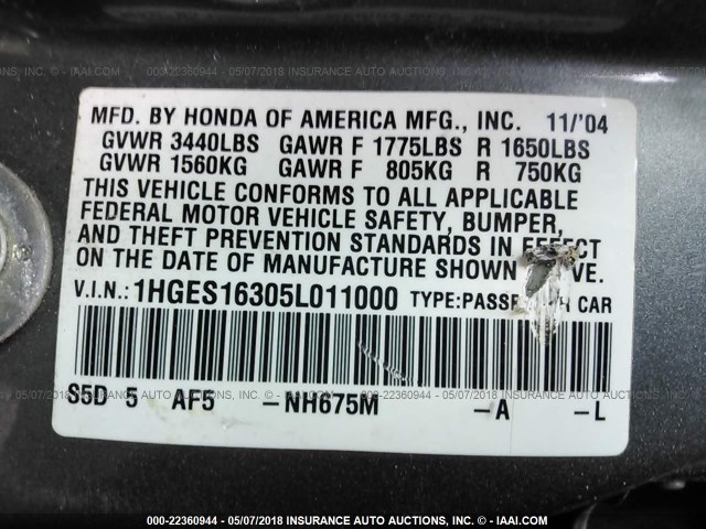 1HGES16305L011000 - 2005 HONDA CIVIC DX VP Boz foto 9