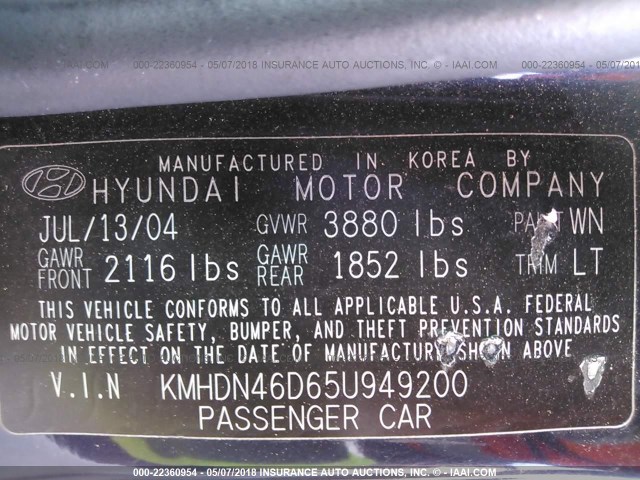 KMHDN46D65U949200 - 2005 HYUNDAI ELANTRA GLS/GT BLUE photo 9