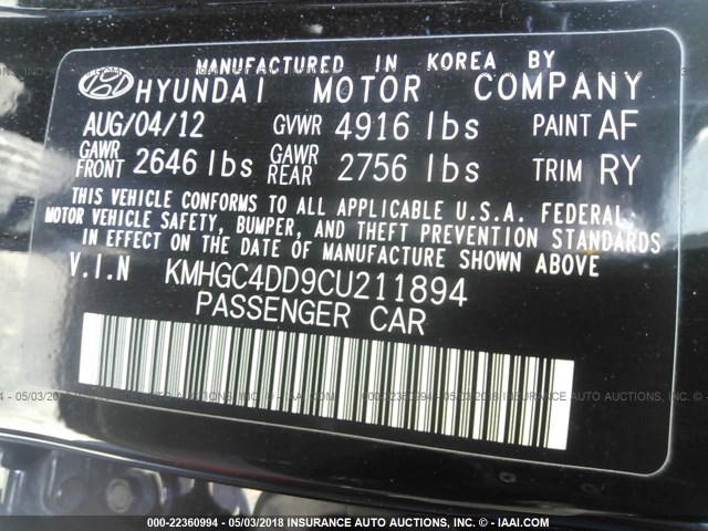 KMHGC4DD9CU211894 - 2012 HYUNDAI GENESIS 3.8L BLACK photo 9