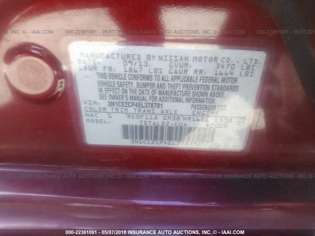 3N1CE2CP4EL378791 - 2014 NISSAN VERSA NOTE S/S PLUS/SV/SL RED photo 9