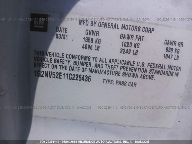 1G2NV52E11C226436 - 2001 PONTIAC GRAND AM GT1 WHITE photo 9