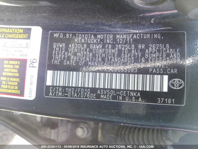 4T1BF1FK5CU039083 - 2012 TOYOTA CAMRY SE/LE/XLE შავი ფოტო 9