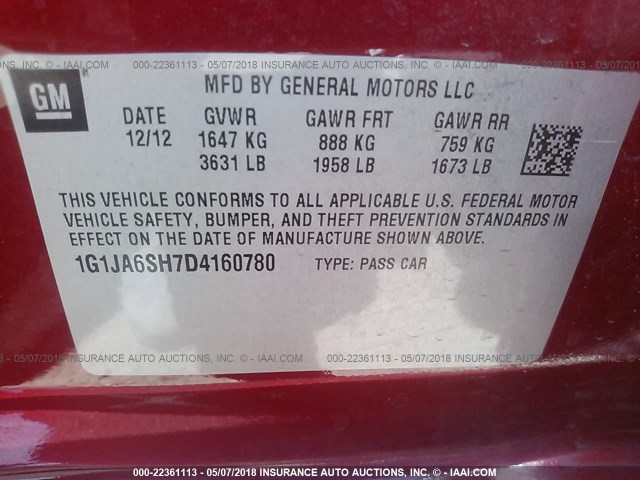 1G1JA6SH7D4160780 - 2013 CHEVROLET SONIC LS 红色 照片 9