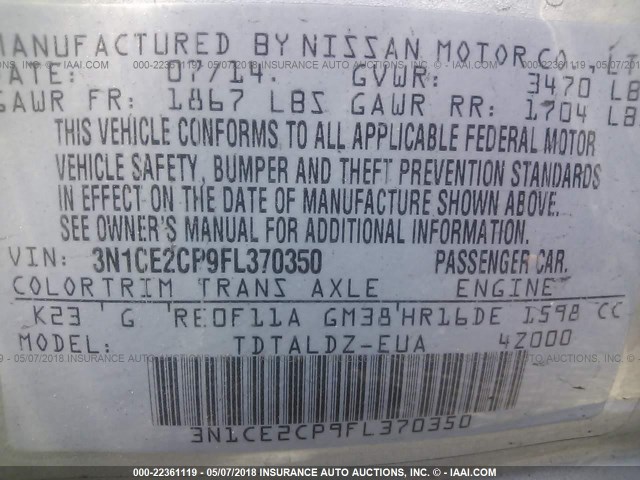 3N1CE2CP9FL370350 - 2015 NISSAN VERSA NOTE S/S PLUS/SV/SL/SR SILVER photo 9