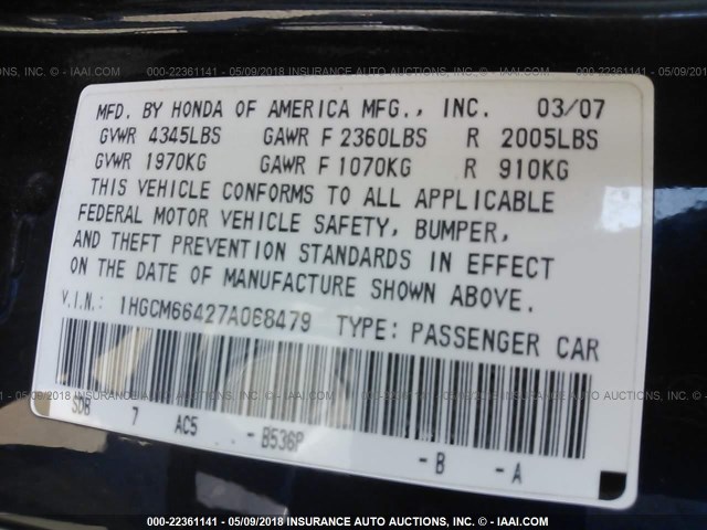 1HGCM66427A068479 - 2007 HONDA ACCORD SE BLUE photo 9