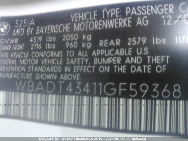 WBADT43411GF59368 - 2001 BMW 525 I AUTOMATIC WHITE photo 9