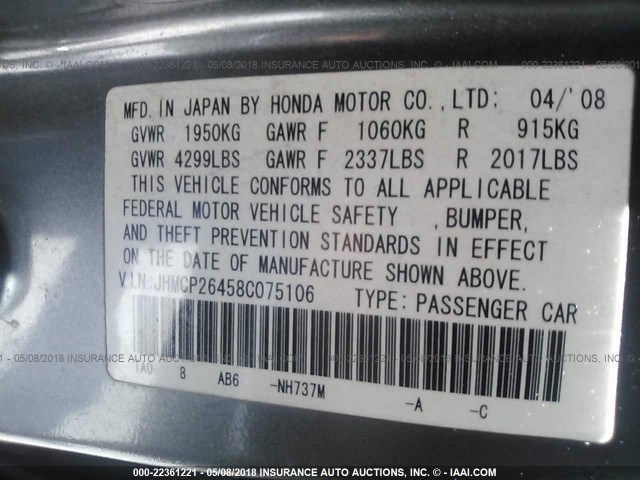 JHMCP26458C075106 - 2008 HONDA ACCORD LXP GRAY photo 9