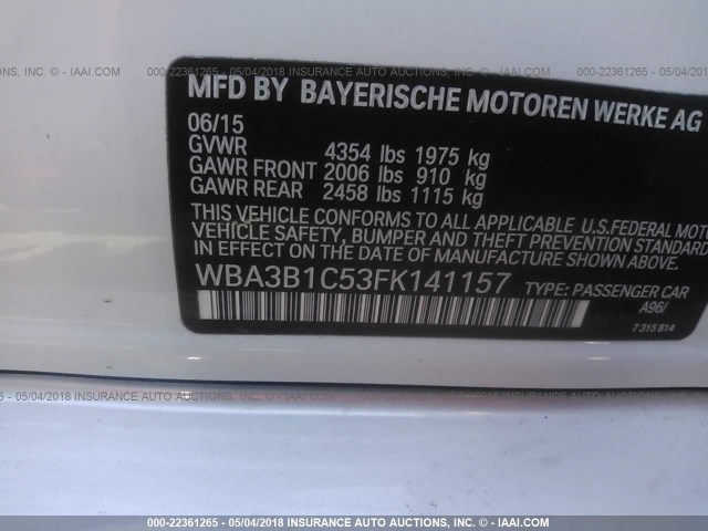 WBA3B1C53FK141157 - 2015 BMW 320 I WHITE photo 9