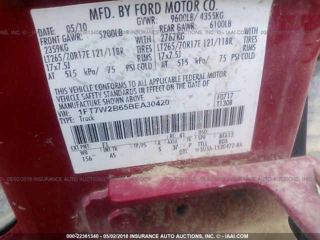 1FT7W2B65BEA30420 - 2011 FORD F250 SUPER DUTY RED photo 9