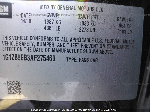 1G1ZB5EB3AF275460 - 2010 CHEVROLET MALIBU LS 黑色 照片 9