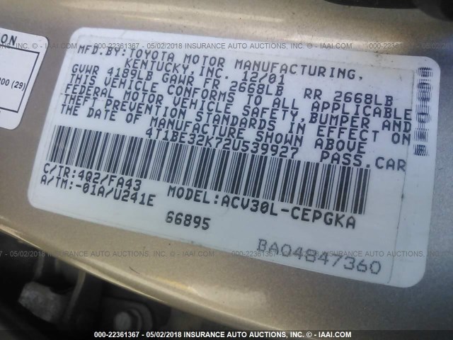 4T1BE32K72U539927 - 2002 TOYOTA CAMRY LE/XLE/SE ოქროსფერი ფოტო 9