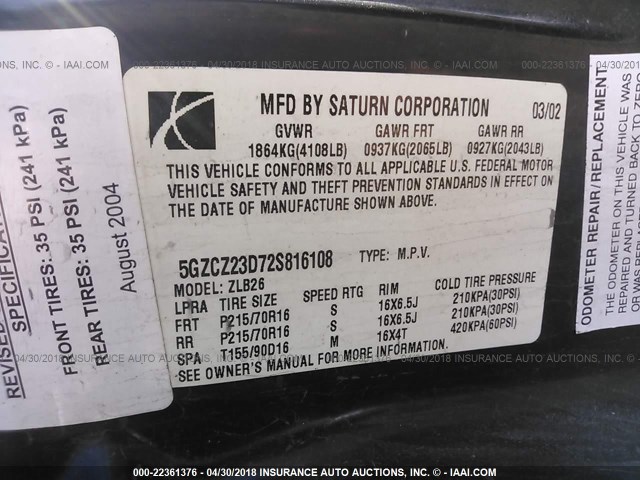 5GZCZ23D72S816108 - 2002 SATURN VUE TAN photo 9