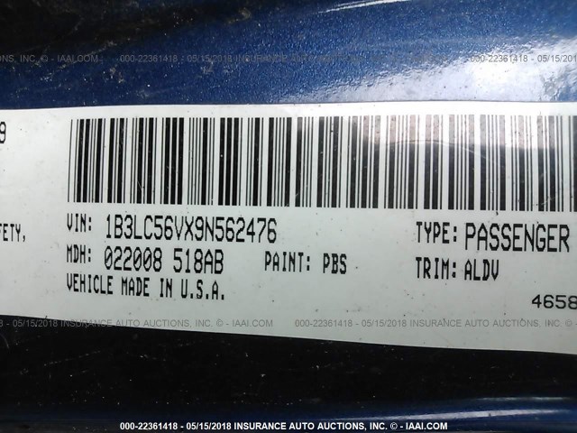 1B3LC56VX9N562476 - 2009 DODGE AVENGER SXT/R/T BLUE photo 9