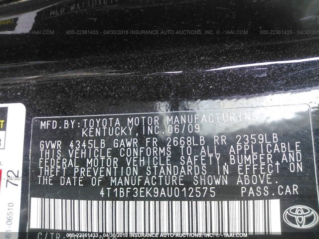 4T1BF3EK9AU012575 - 2010 TOYOTA CAMRY SE/LE/XLE BLACK photo 9