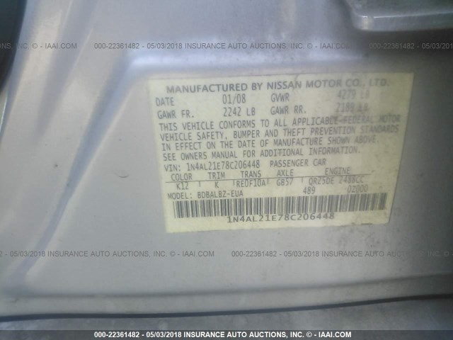 1N4AL21E78C206448 - 2008 NISSAN ALTIMA 2.5/2.5S SILVER photo 9