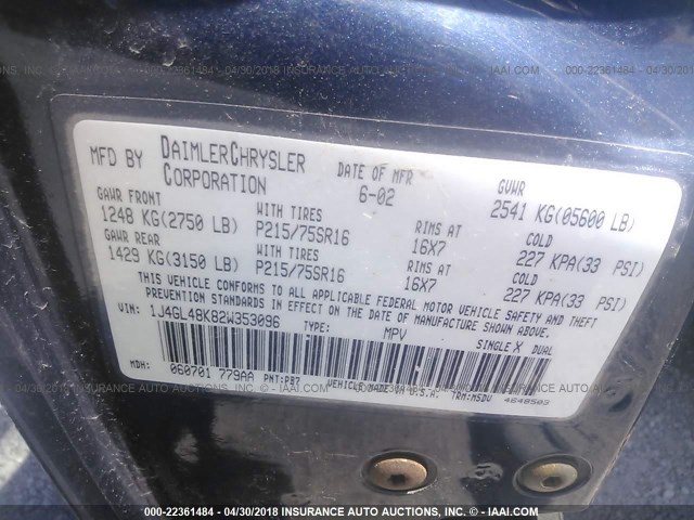 1J4GL48K82W353096 - 2002 JEEP LIBERTY SPORT Mavi foto 9