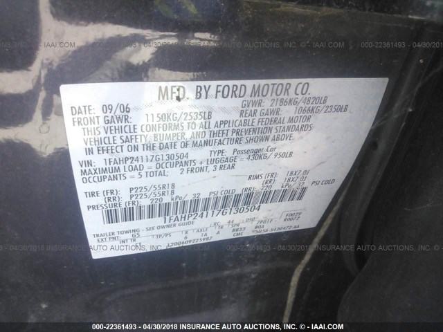 1FAHP24117G130504 - 2007 FORD FIVE HUNDRED SEL BLACK photo 9