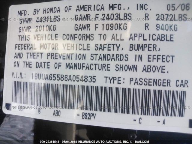 19UUA65586A054835 - 2006 ACURA 3.2TL BLACK photo 9