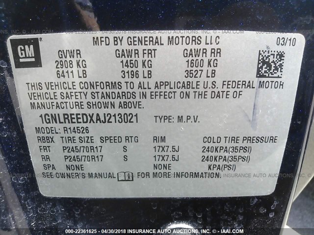 1GNLREEDXAJ213021 - 2010 CHEVROLET TRAVERSE LS BLUE photo 9