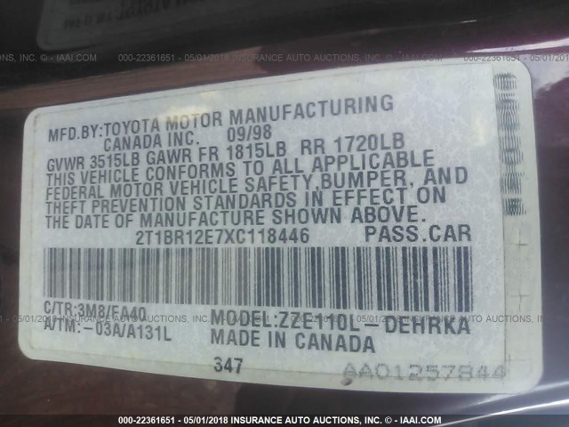 2T1BR12E7XC118446 - 1999 TOYOTA COROLLA VE/CE/LE 栗色 照片 9