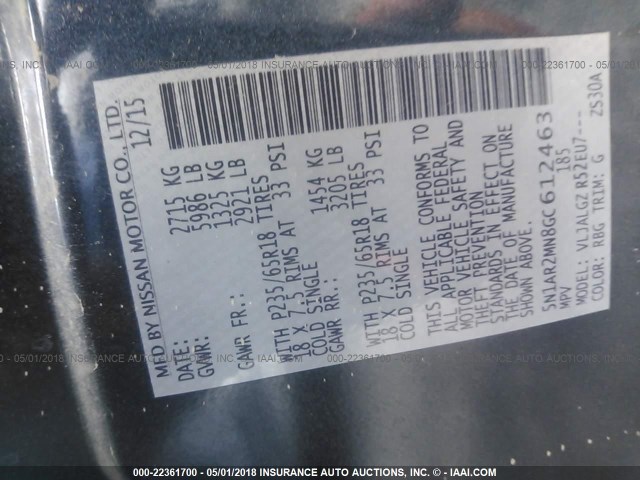 5N1AR2MN8GC612463 - 2016 NISSAN PATHFINDER S/SV/SL/PLATINUM 蓝色 照片 9