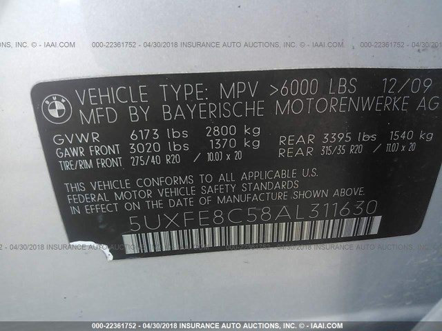 5UXFE8C58AL311630 - 2010 BMW X5 XDRIVE48I Gümüş foto 9