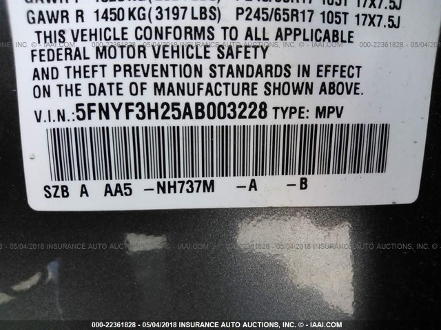 5FNYF3H25AB003228 - 2010 HONDA PILOT LX GRAY photo 9