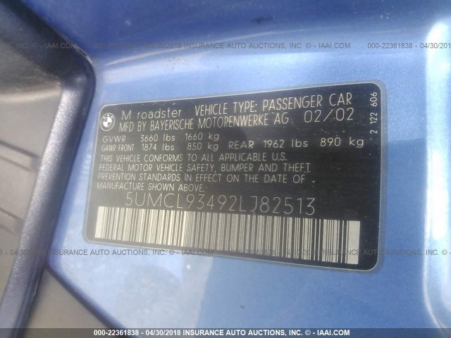 5UMCL93492LJ82513 - 2002 BMW M ROADSTER BLUE photo 9