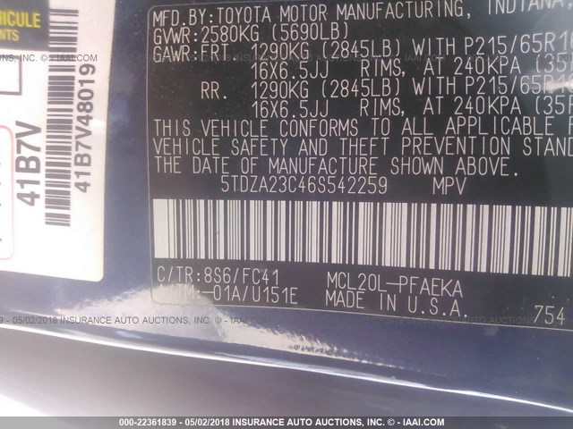 5TDZA23C46S542259 - 2006 TOYOTA SIENNA CE/LE BLUE photo 9